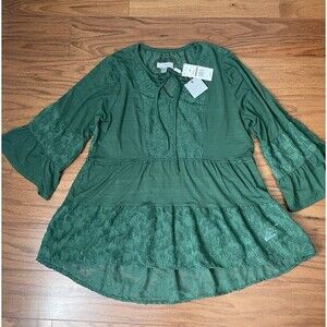 NWT Cupio Women’s Peasant Blouse Forest Green Lace Flare Bell Sleeves Medium